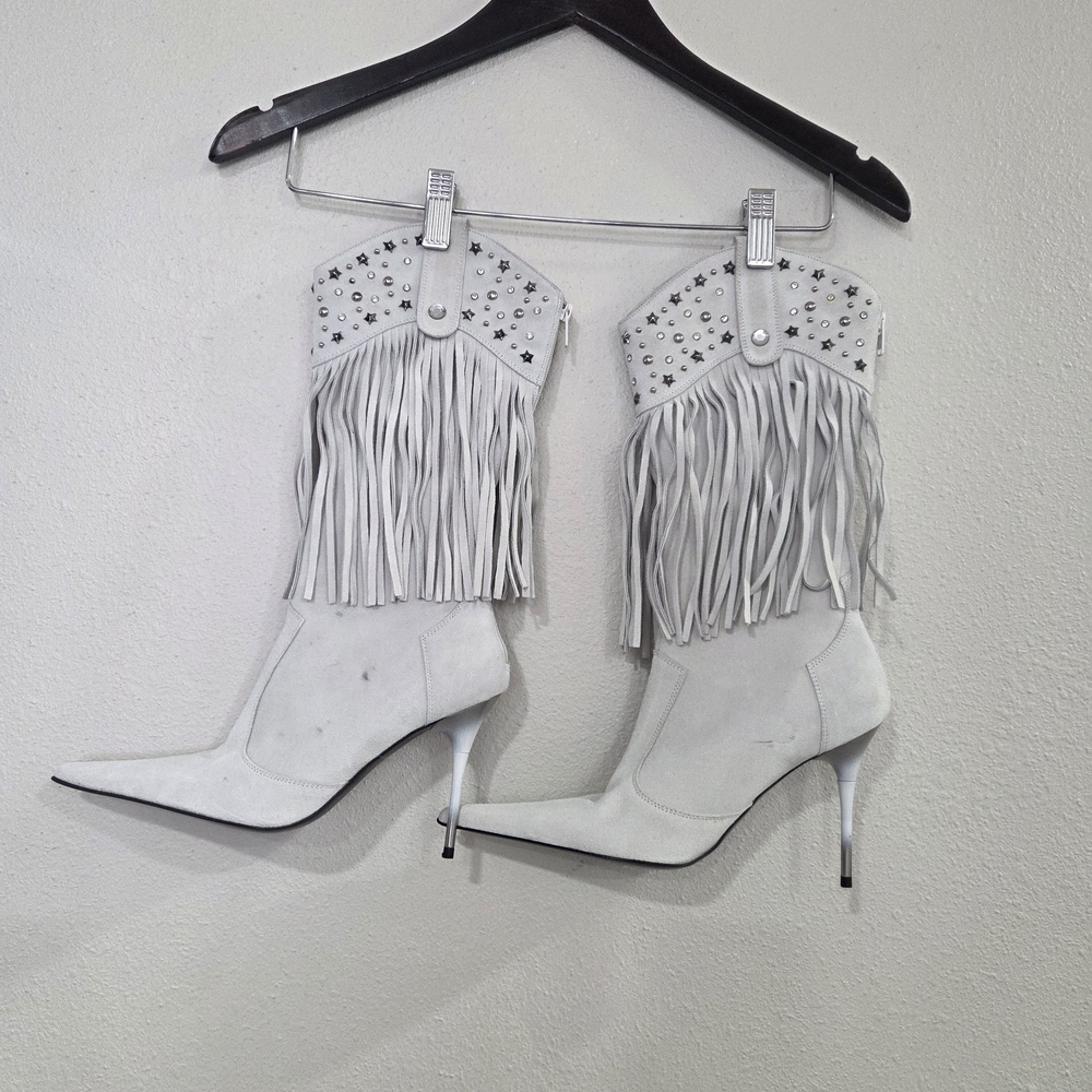 Steve Madden White Fringe Heeled Boots